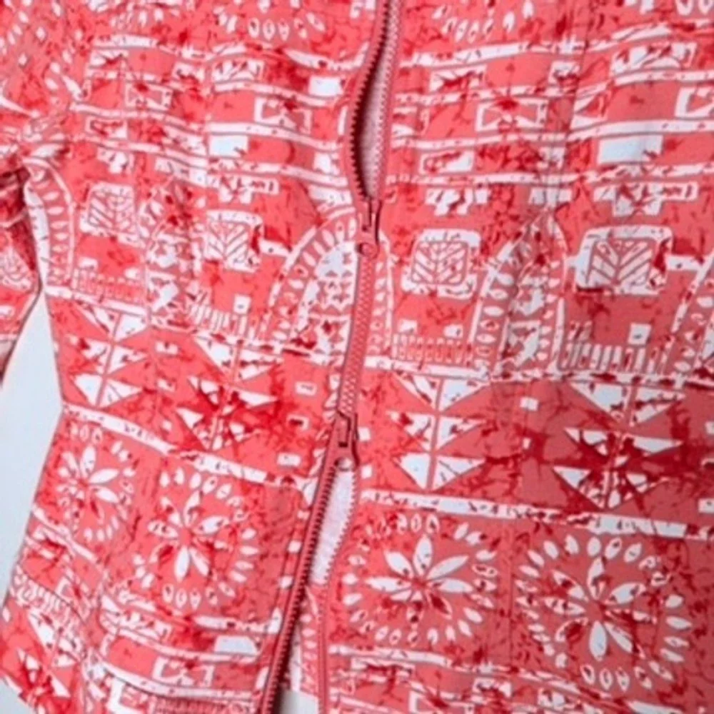 Clara Sunwoo Coral Pink White Geometric Batik Zip Up Stretch Jacket Womens Small